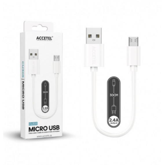 Cable de Datos y Carga Accetel Micro USB 2.4A Blanco (0.30m) CU305
