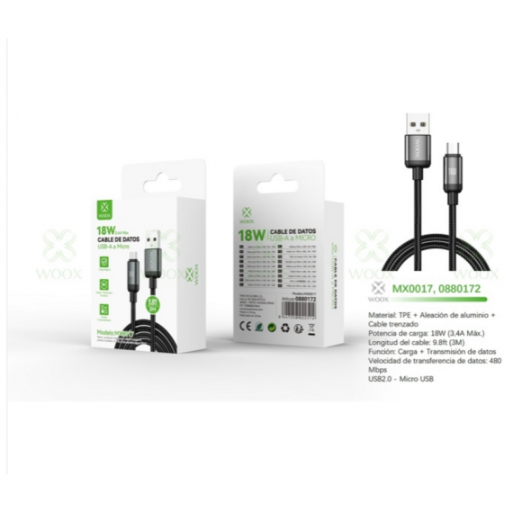 Cable de Datos WOOX USB a Micro USB 18W 3M Negro MX0017