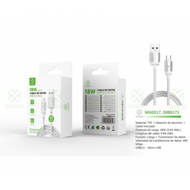 Cable de Datos Woox USB a Micro USB 18W de 3 Metros Blanco MX0017