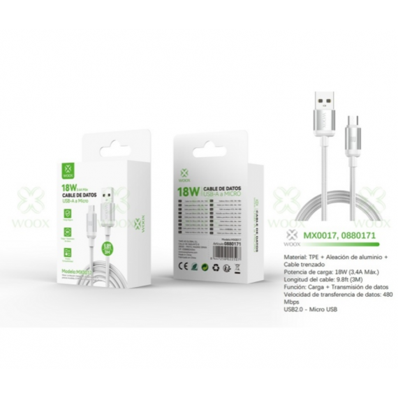 Cable de Datos Woox USB a Micro USB 18W de 3 Metros Blanco MX0017