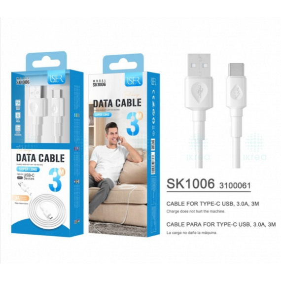 Cable Iser Tipo C 3.0A 3m OD4.0 Blanco SK1006