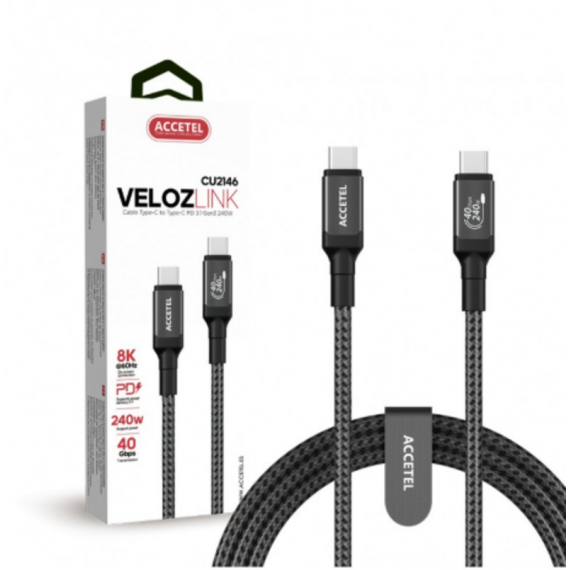 Cable Accetel Velozlink USB-C a USB-C PD 3.1 (240W, 8K, 40Gbps) USB4 1.2M CU2146