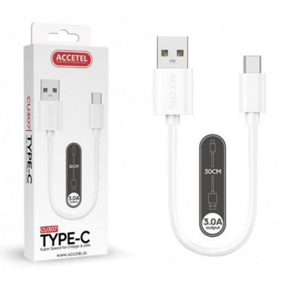 Cable de Datos y Carga Accetel 3.0A USB-A a USB-C Blanco (0.30M) CU307