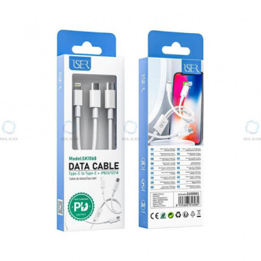 Cable de Carga R&aacute;pida ISER 2 en 1 USB-C a USB-C/Lightning 5V 3A, 1.2m Blanco (SK1068)