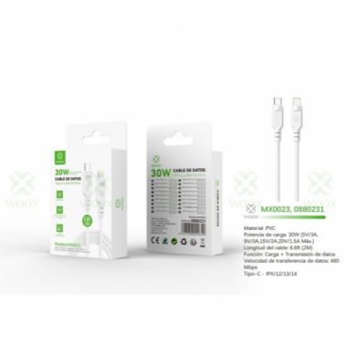Cable de Datos Woox Type-C a Lightning 30W (2m) Blanco MX0023