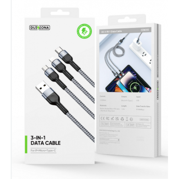 Cable DUZZONA A3-01 3 en 1 Lightning/USB-C/Micro USB 3.5A 1.3m