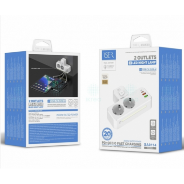 Regleta M&uacute;ltiple ISER con 2 Enchufes, Interruptor y 3 Puertos USB (2x USB-A, 1x USB-C) Blanco SA0114