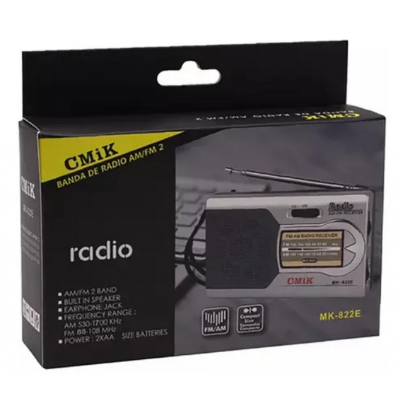 Radio Portátil CMIK de Bolsillo Am/fm/aux MK-822E Gris (funciona con 2 Pilas Aa)