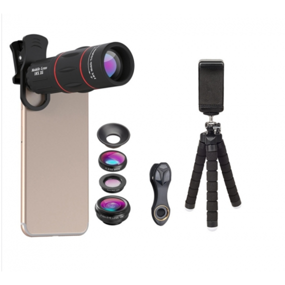 Kit de Lentes APEXEL 4 en 1 Universal para Teléfono con Teleobjetivo 18X, Macro, Gran Angular y Ojo de Pez
