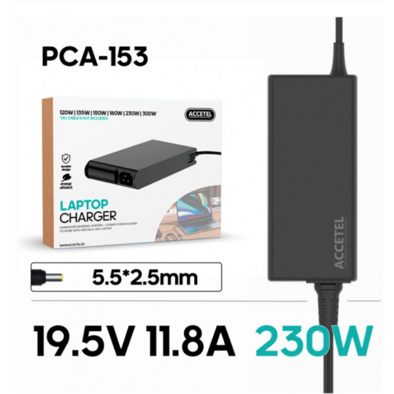 Cargador Portátil ACCETEL 230W (19.5V 11.8A) para Medion/Gigabyte, Conector 5.5x2.5mm - Modelo PCA-153