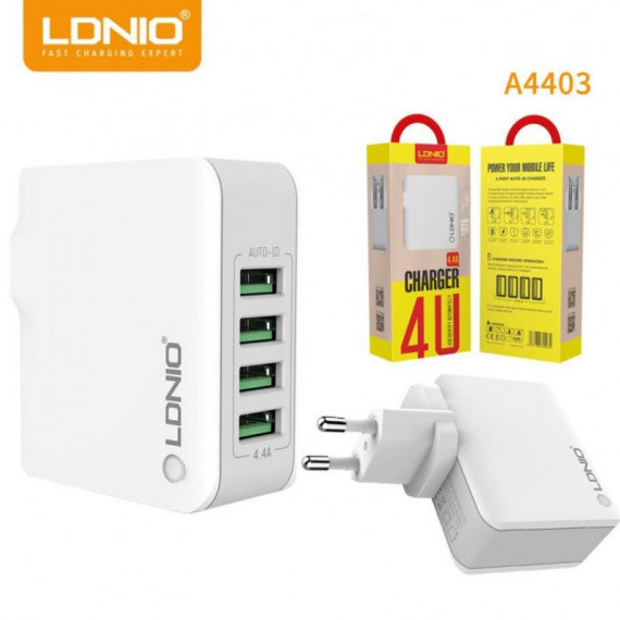 Cargador de Pared LDNIO A4403 con 4 Puertos USB y Carga Rápida 4.4A