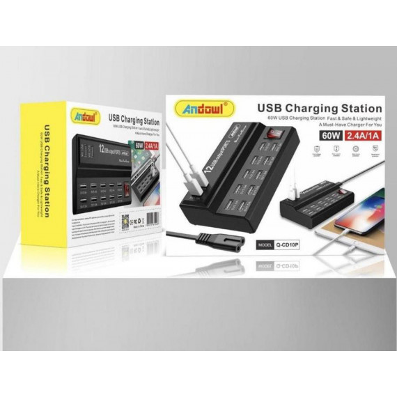 Regleta ANDOWL de 12 USB con Interruptor 60W Q-CD10P Negro