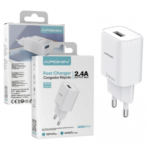 Cargador de Pared Apokin USB 2.4A Carga Rápida (Modelo PC61324)