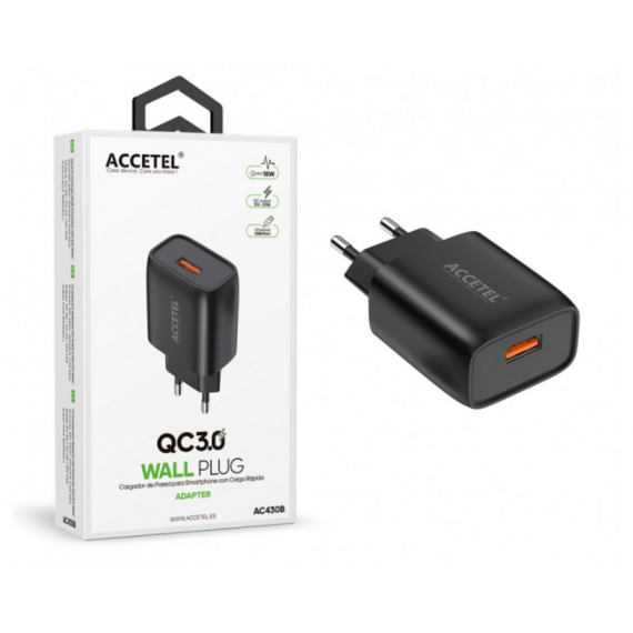 Cargador de Pared Accetel Carga Rápida QC3.0 18W Negro AC430B