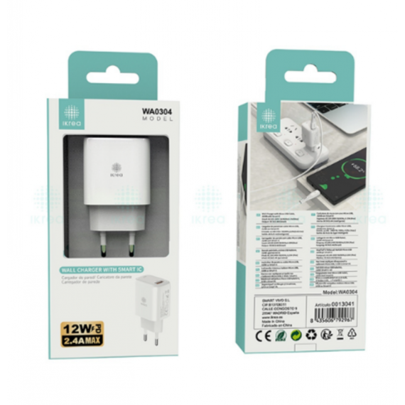 Cargador de Pared IKREA con Smart IC 12W PD 2.4A y Cable USB Blanco WA0304