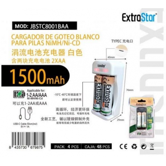 Cargador +2 Pilas Aa EXTRASTAR para Pilas Nimh/ni-cd 1500MAH Blanco