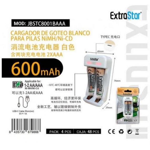 Cargador + 2 Pilas Aaa EXTRASTAR para Pilas Nimh/ni-cd 600 Mah Blanco