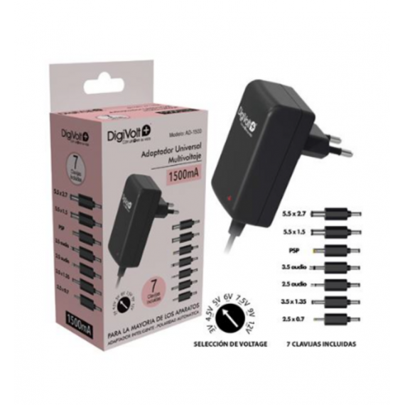 Cargador Alimentador DIGIVOLT Universal Multivoltaje 1500MA (AD-1500) con 7 Clavijas