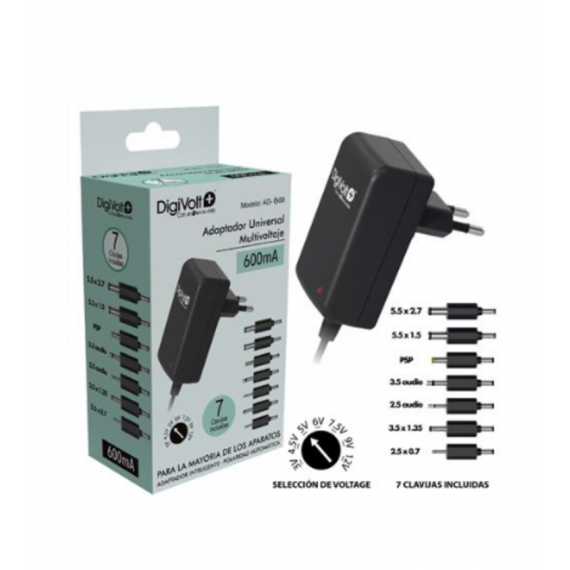 Cargador Alimentador DIGIVOLT Universal 600 Mah Multivoltaje con 7 Clavijas (AD-600)