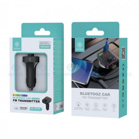 Cargador Coche IKREA WA0263 25W con Power Delivery (USB-C), Doble USB-A y Transmisor FM Bluetooth Negro