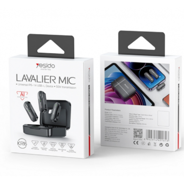 Micr&oacute;fono Lavalier Inal&aacute;mbrico Yesido KR16 (Receptor Lightning para iPhone/iPad, 2 en 1 con Estuche de Carga)