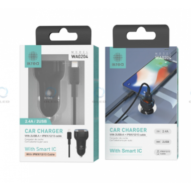 Cargador IKREA para Coche con Cable Lightning, Doble USB 2.4A y Smart IC Negro WA0204