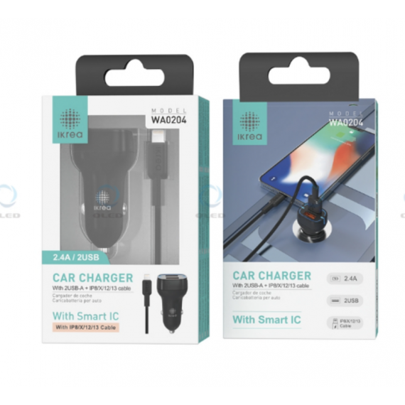 Cargador IKREA para Coche con Cable Lightning, Doble USB 2.4A y Smart IC Negro WA0204