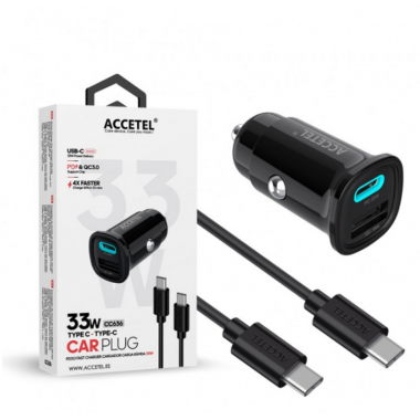 Cargador de Coche Accetel Carga R&aacute;pida USB-C PD + USB-A QC 33W con Cable USB-C CC636