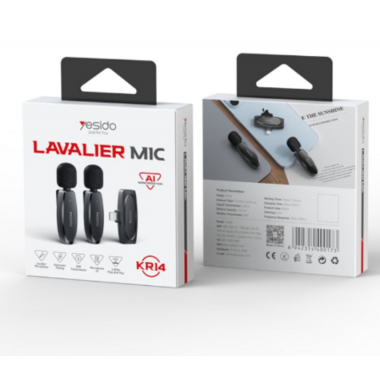 Micr&oacute;fono Inal&aacute;mbrico Yesido Lavalier de Baja Latencia con Doble Transmisor y Receptor 8 Pines Negro KR14