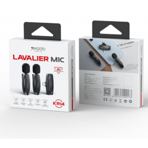 Micrófono Inalámbrico Yesido Lavalier de Baja Latencia con Doble Transmisor y Receptor 8 Pines Negro KR14