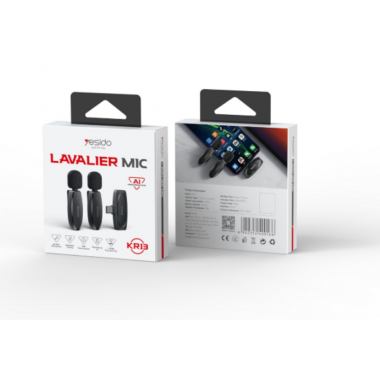 Micr&oacute;fono Lavalier Inal&aacute;mbrico Dual Yesido KR13 con Receptor Tipo-C Negro