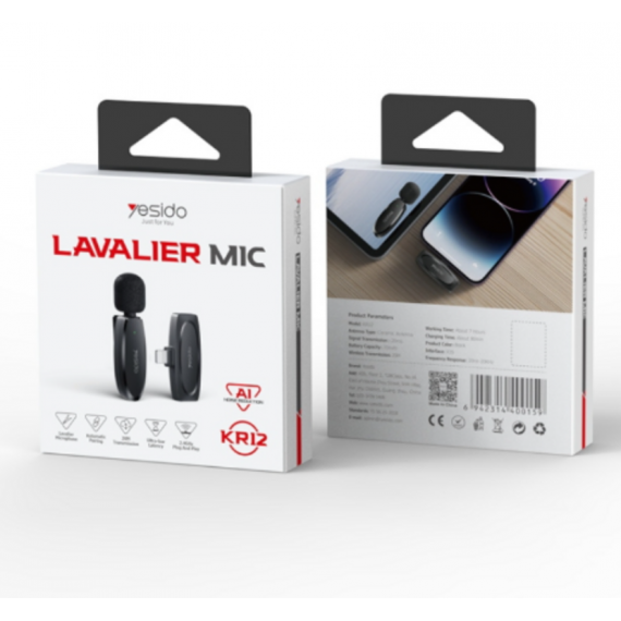 Micrófono Lavalier Inalámbrico YESIDO KR12 de Baja Latencia con Receptor Lightning (8 Pines) Negro