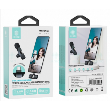 Micr&oacute;fono Ikrea Inal&aacute;mbrico de Solapa con Conector Type-C para M&oacute;viles Android Negro WR9169