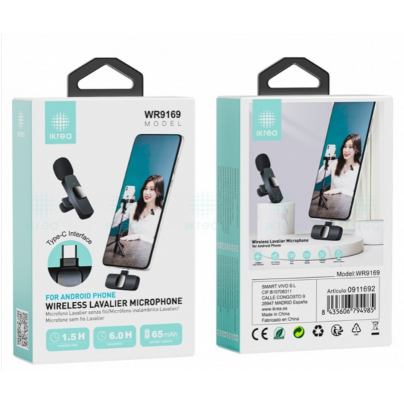 Micrófono Ikrea Inalámbrico de Solapa con Conector Type-C para Móviles Android Negro WR9169