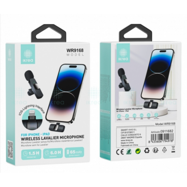 Micr&oacute;fono Inal&aacute;mbrico de Solapa IKREA WR9168 con Conector Lightning para iPhone/iPad Negro