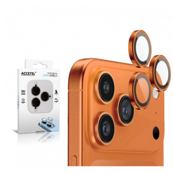 Protector de Cristal para Lentes de Cámara Accetel con Marco Metálico iPhone 15 Pro / 15 Pro Max Naranja (3 Uds.) 205IP17P