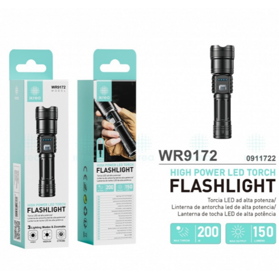 Linterna Antorcha IKREA Led Alta Potencia con Interfaz Usb, 3 Modos, 200M, 150 Lúmenes (WR9172)