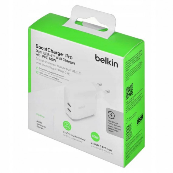 Cargador de Pared BELKIN 30+30W Dual Usb-c con Pps 60W Blanco (WCB010VFWH)