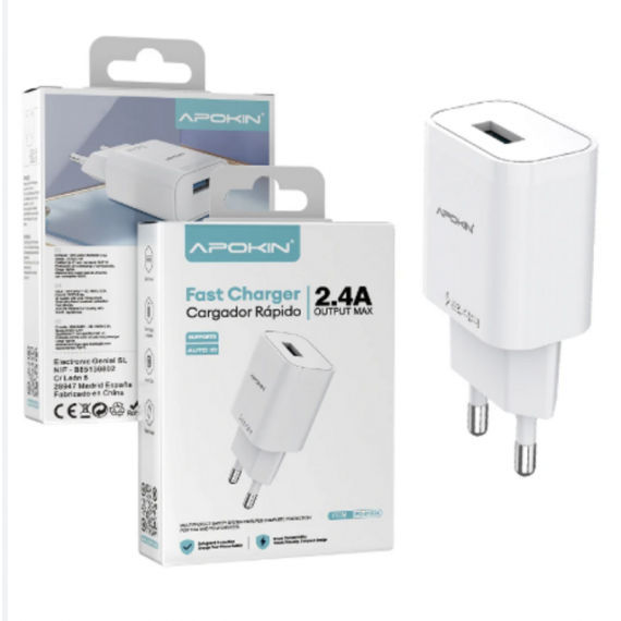 Cargador Rápido Apokin USB-A 18W Quick Charge 3.0 (PC-81324)