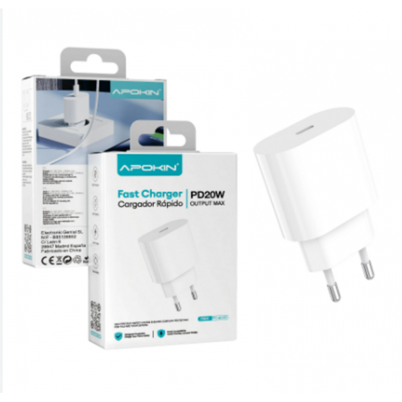 Cargador Rápido Apokin USB-C PD 20W y USB-A QC 3.0 con Cable USB-C (PC-81393)
