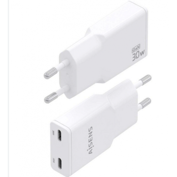 Cargador de Pared GaN AISENS con Doble Puerto USB-C 30W, Blanco (ASCH-30W2P048-W)
