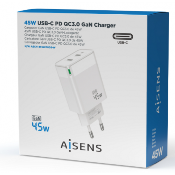 Cargador GaN AISENS de 45W con 2 puertos USB-C PD3.0/QC4.0 (ASCH-45W2P005-W) Blanco