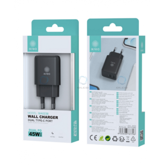 Cargador Dual IKREA con Puertos USB-C PD 45W Negro/Blanco WA0238