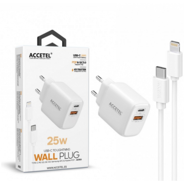 Cargador de Pared Accetel Carga R&aacute;pida 25W QC/PD 3.0 con Cable USB-C a Lightning AC553