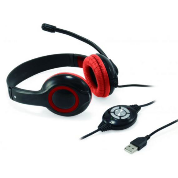 Auriculares Conceptronic USB con Micrófono, Control de Volumen y Silencio, Cable de 2 Metros Negro/Rojo CCHATSTARU2R