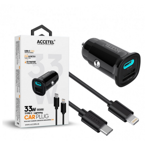 Cargador de Coche Accetel Carga Rápida USB-C PD + USB-A QC 33W con Cable Lightning CC632
