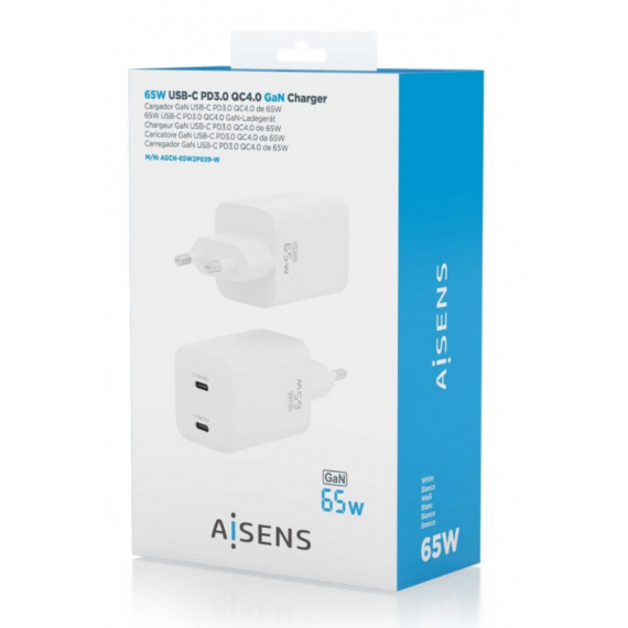 Cargador AISENS Gan 65W 2XUSB-C PD3.0 QD4.0 Blanco ASCH-65W2P039-W