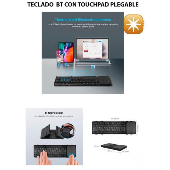 Teclado Plegable Bluetooth con Touchpad Multidispositivo (Layout Inglés)