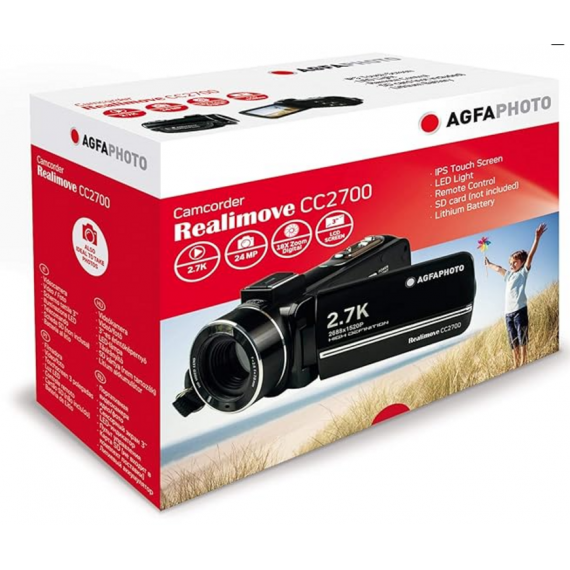 Cámara de Video AGFA CC2700 Realishot 2.7K con Pantalla Táctil 3" Zoom 18X y Mando a Distancia Negra