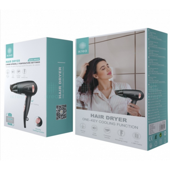 Secador de Pelo IKREA Plegable 2 Velocidades/2 Temperaturas 1000W Negro WR9106